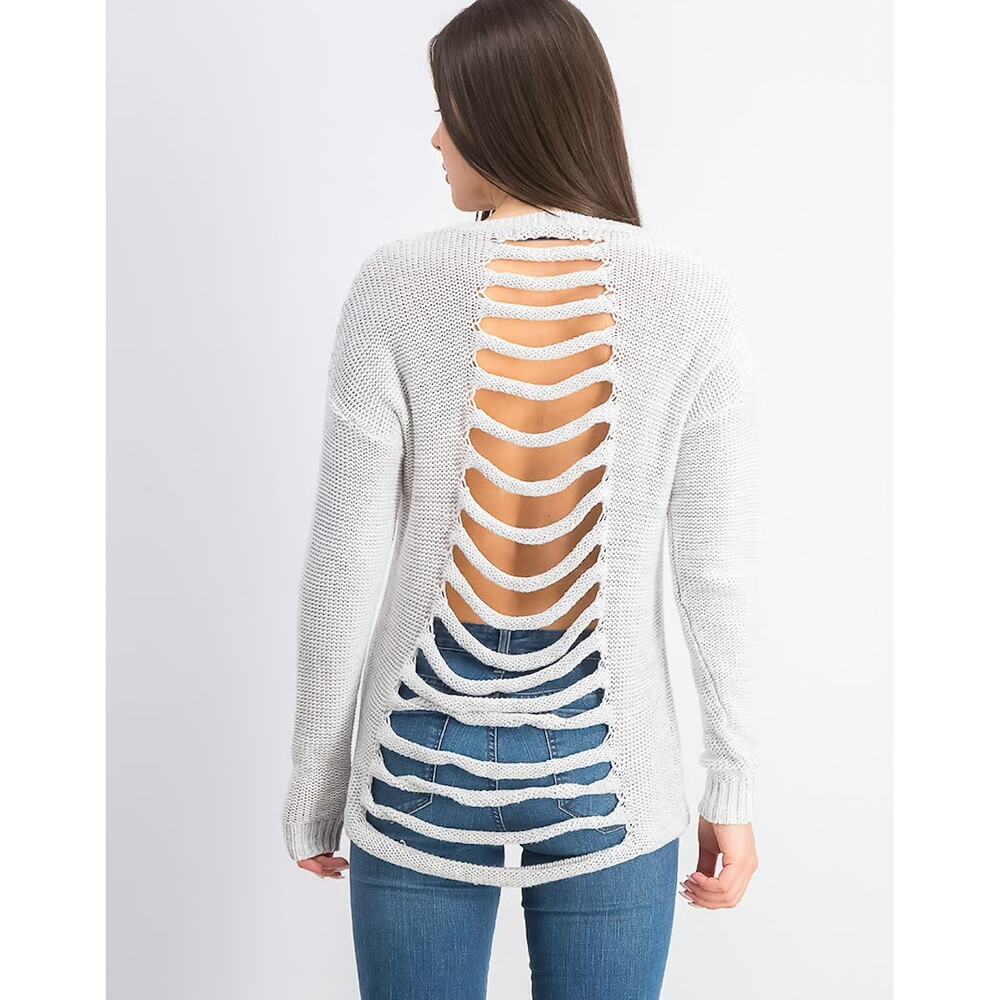 Stitches & Stripes Light Gray Crew Neck Distressed Back Sweater XL